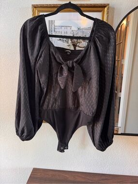 Express Black Satin Tie-Neck Long Sleeve Bodysuit